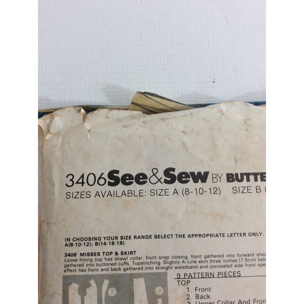 1980s Butterick See & Sew 3406 VTG Sewing Pattern Womens Top Skirt Size 8 10 12